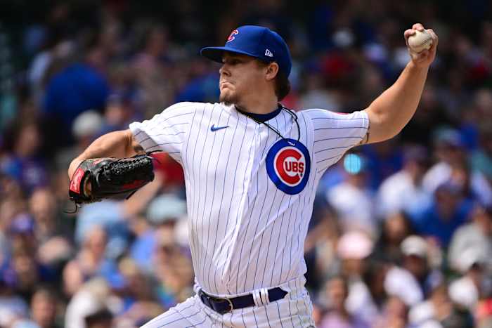 Chicago Cubs pitcher Justin Steele pitching this season at Wrigley Field.